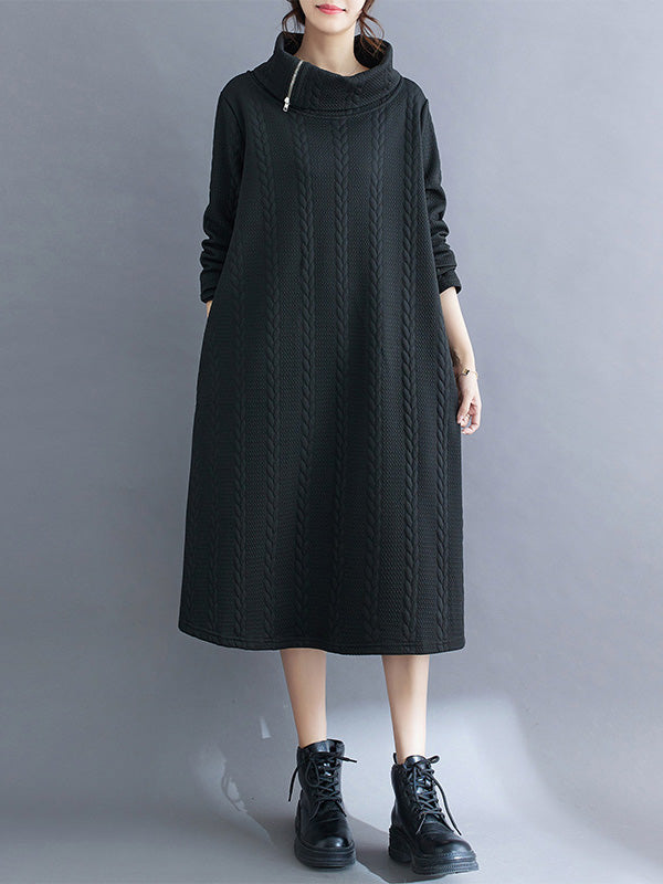 Asymmetric Solid Color Zipper A-Line Long Sleeves Asymmetric Collar Midi Dresses