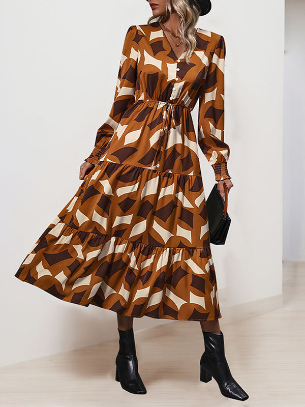Buttoned Elasticity Pleated Printed Split-Joint Tied Waist A-Line Long Sleeves V-Neck Midi Dresses
