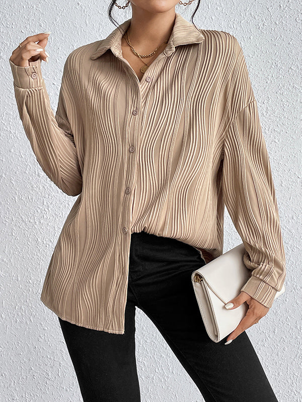 Buttoned Solid Color Long Sleeves Loose Lapel Blouses&Shirts Tops
