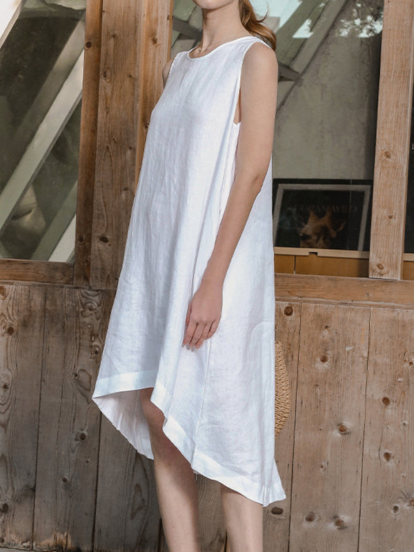 Solid Color High-Low Loose Round-Neck Midi Dresses
