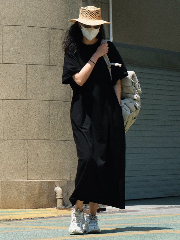 Casual Short Sleeves Solid Color Round-Neck Maxi Dress