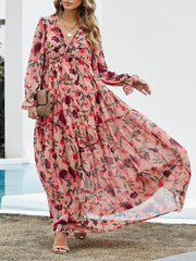 Flower Print Pleated Ruffled High Waisted Long Sleeves V-Neck Maxi Dresses