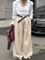 Pleated Solid Color Split-Joint High Waisted Loose Trousers Suit Pants
