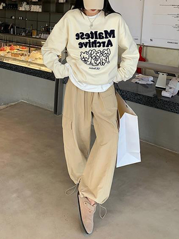 Drawstring Elasticity Pockets Solid Color Split-Joint High Waisted Loose Trousers Pants