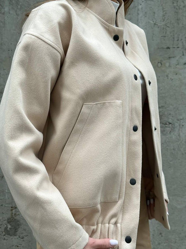 Buttoned Elasticity Pockets Solid Color Split-Joint Long Sleeves Loose Stand Collar Outerwear Jackets