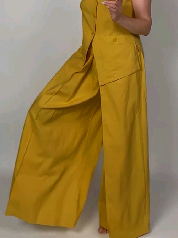 Pockets Solid Color Loose Wide Leg Trousers Pants