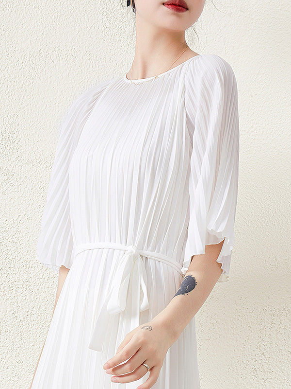 Loose Pleated With Waistband Solid Color Round-Neck Maxi Dresses