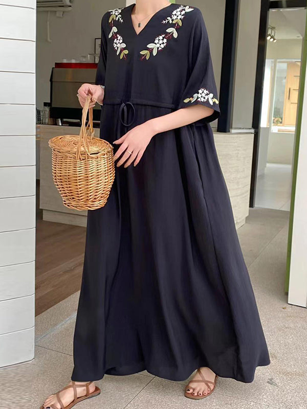 Drawstring Embroidered Split-Joint Half Sleeves Loose V-Neck Maxi Dresses