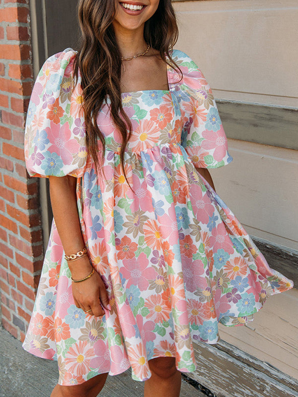 Elasticity Flower Print Pleated Split-Joint Zipper A-Line High Waisted Square-Neck Mini Dresses