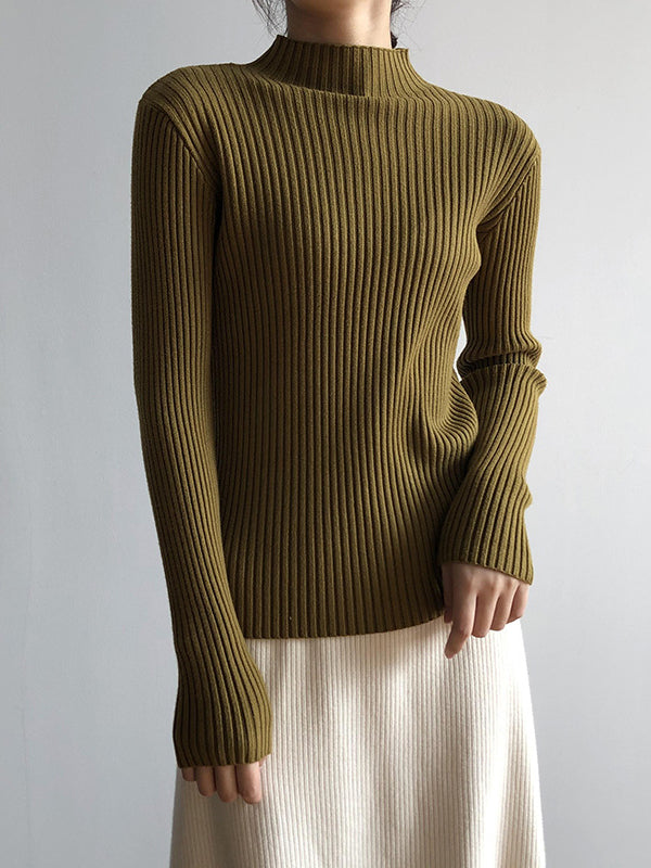 Simple Long Sleeves Skinny Leg Solid Color High-Neck Sweater Tops