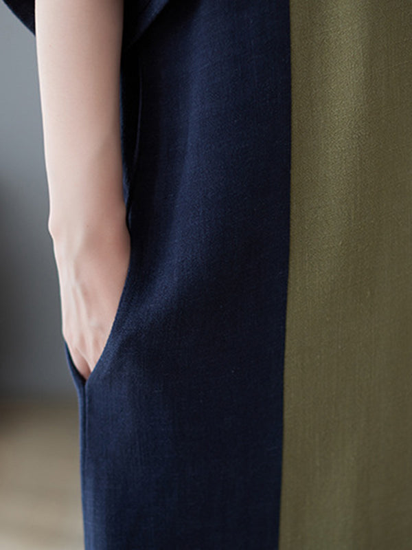 Contrast Color Half Sleeves Loose Round-neck Midi Dresses