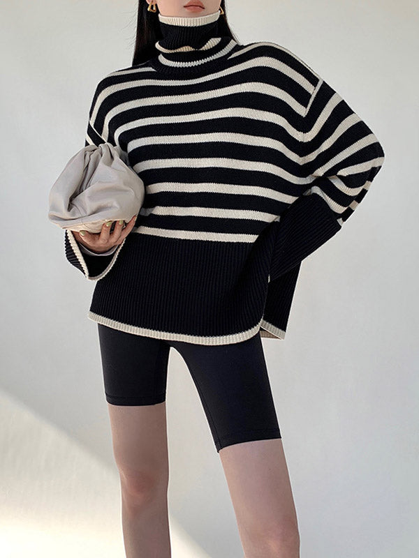 Contrast Color Pleated Split-Joint Split-Side Striped Patterns Long Sleeves Loose High Neck Sweater Tops