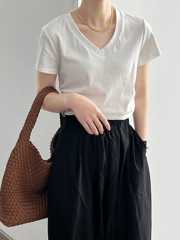 Solid Color Irregular clipping Short Sleeves V-neck T-Shirts Tops