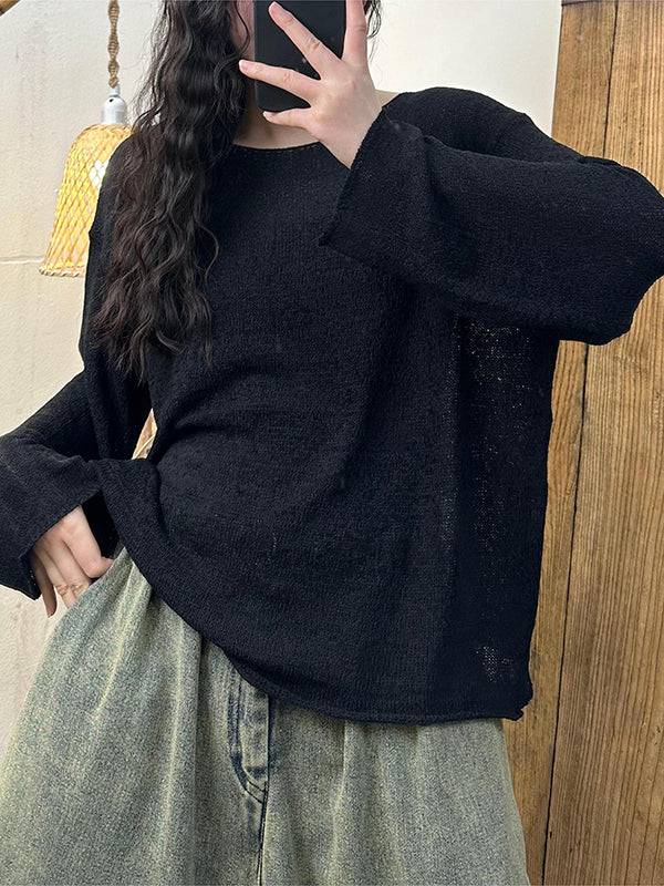 See-Through Solid Color Split-Joint Long Sleeves Loose Round-Neck T-Shirts Tops