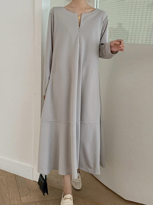 Hollow Solid Color A-Line Long Sleeves V-Neck Midi Dresses