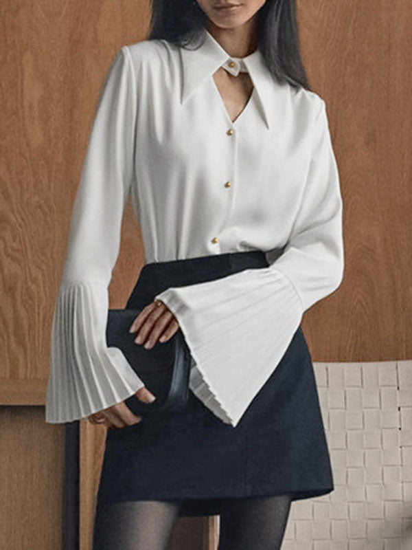 Buttoned Hollow Pleated Split-Joint Flared Sleeves Long Sleeves Lapel Blouses&Shirts Tops