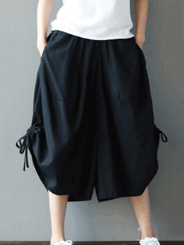 Drawstring Elasticity Solid Color Split-Joint High Waisted Loose Pants Cropped Trousers