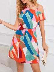 Contrast Color Hollow Split-Joint Loose One-Shoulder Mini Dresses