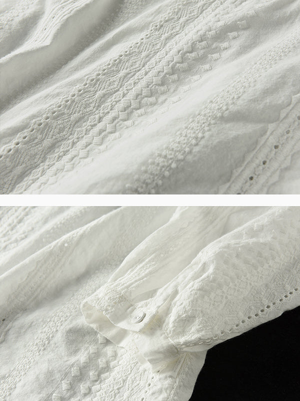 Artistic Retro Loose Solid Color Lace Hollow Long Sleeves T-Shirt Top