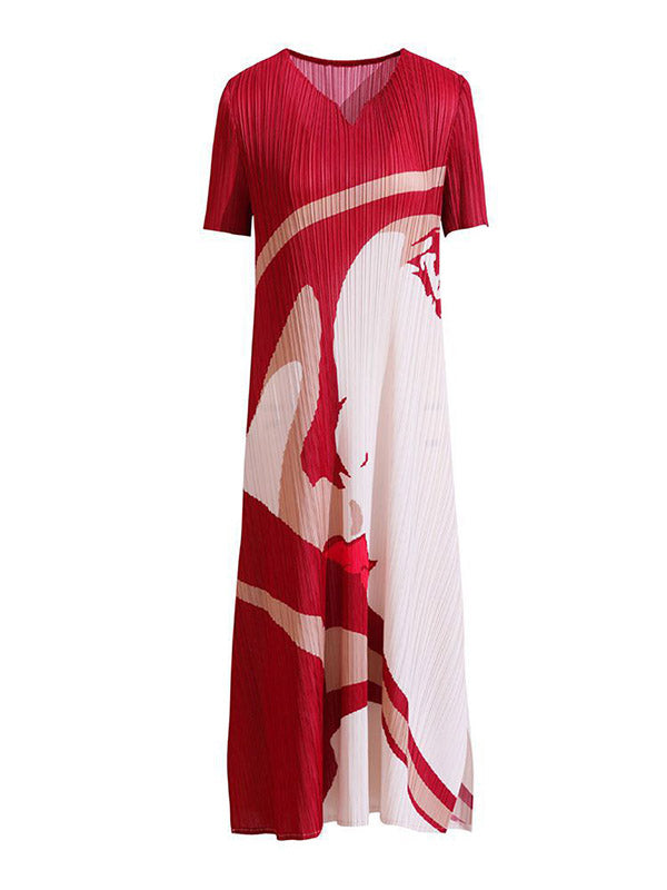 Figure Pleated A-Line Loose V-Neck Midi Dresses