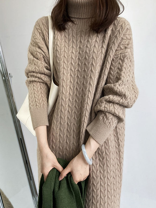 Stylish Loose Long Sleeves Solid Color High-Neck Twist Sweater Dresses