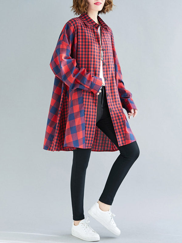 Plaid Lapel Long Sleeve Blouse Top