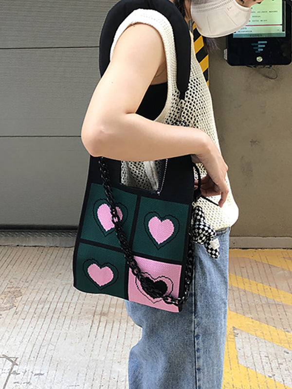 Chains Color-Block Contrast Color Heart Print Woven Shoulder Bags Handbags