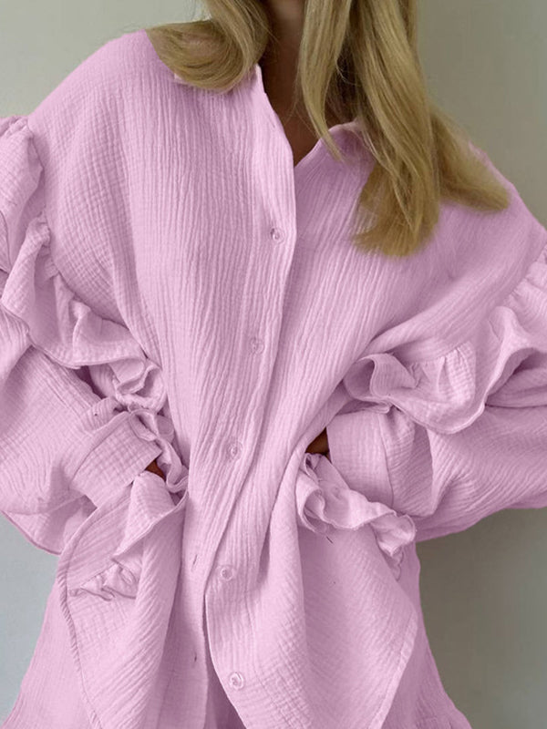 Split-Joint Lapel Long Sleeves Loose Buttoned Ruffle Trim Solid Color Blouses Tops + Elasticity Shorts Bottom Two Pieces Set