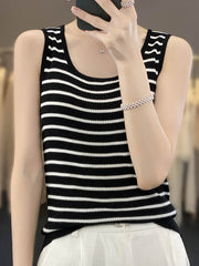 Contrast Color Striped Loose Sleeveless U-Neck Vest Top