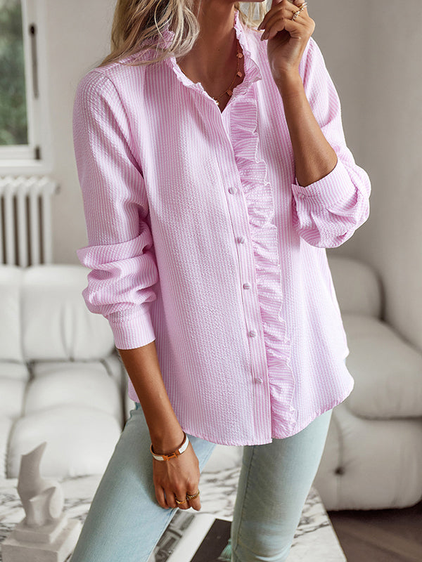 Asymmetric Buttoned Ruffled Striped Long Sleeves Mock Neck Blouses&shirts Tops