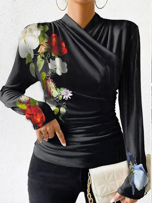 Flower Print Pleated Split-Joint Long Sleeves Skinny V-neck T-Shirts Tops