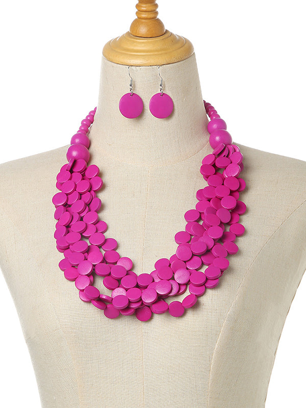 Geometric Multi-Layer Wood Bead Necklace & Earring Set