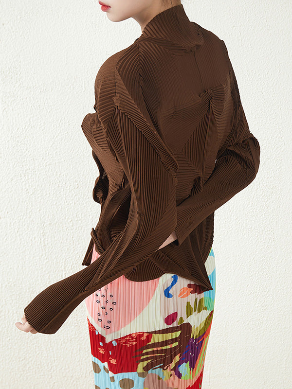 Original Creation Irregularity Long Sleeves Buttoned Pleated Solid Color Outerwear