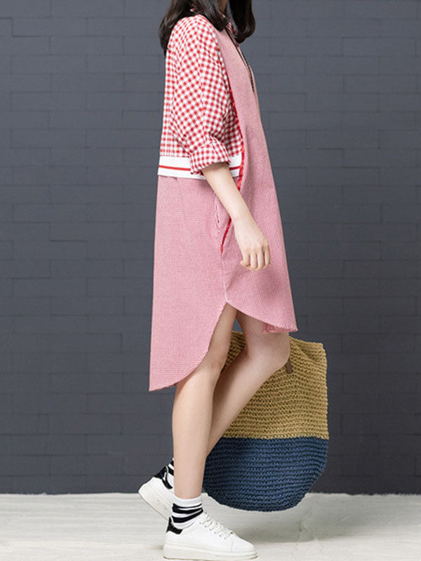 Buttoned Contrast Color Plaid Split-Joint High-Low Loose Lapel Shirt Dress Midi Dresses