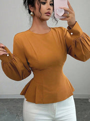 Asymmetric Pleated Ruffled Solid Color Elasticated Waist High Waisted Round-Neck Blouses&Shirts Tops