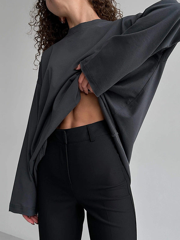 Solid Color Long Sleeves Loose Round-Neck T-Shirts Tops