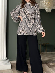 Round-Neck Bishop Sleeve Pleated Printed Tied Waist Shirts Top + High Waisted Pants Bottom Two Pieces Set