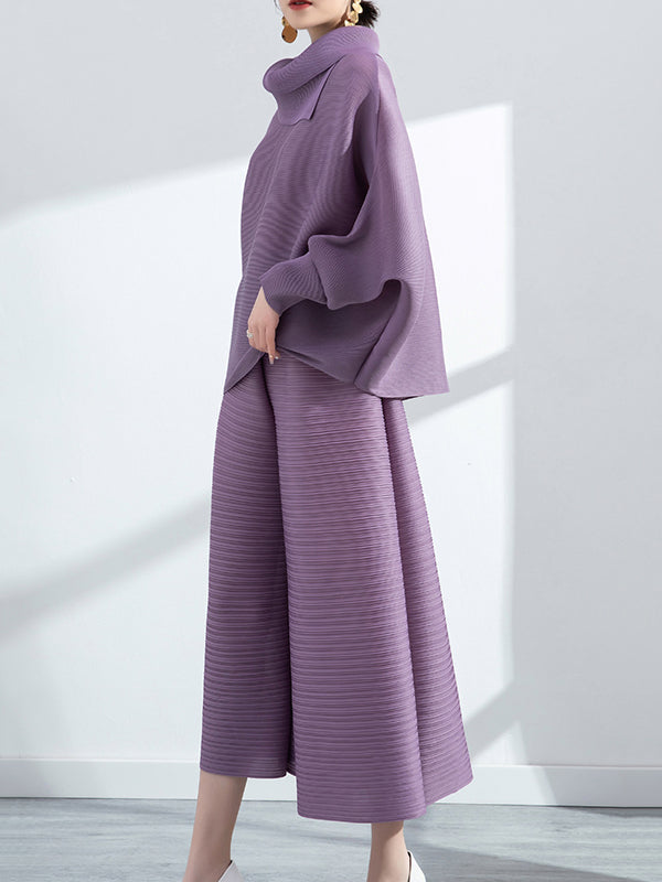 Simple Loose Long Sleeves Pleated Solid Color High-Neck T-Shirt Top&Wide Legs Pants Two Pieces Set