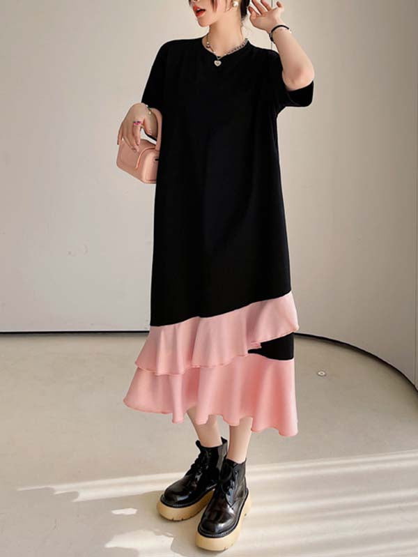 Casual Loose Short Sleeves Contrast Color Falbala Split-Joint Round-Neck Midi Dresses