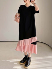 Casual Loose Short Sleeves Contrast Color Falbala Split-Joint Round-Neck Midi Dresses
