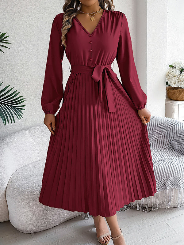 Belted Buttoned Pleated Solid Color High Waisted Long Sleeves V-Neck Maxi Dresses