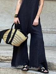 Solid Color Loose Sleeveless Round-Neck Jumpsuits
