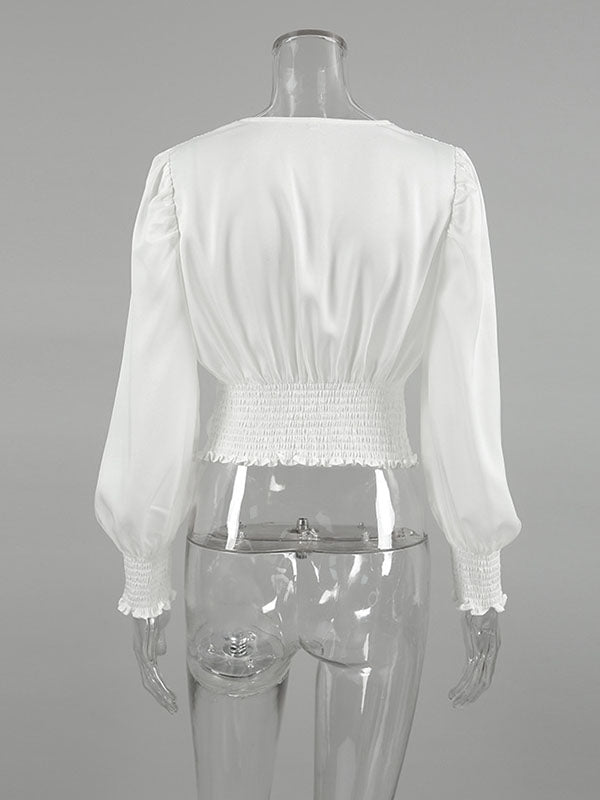 Elasticity Pleated Solid Color Split-Joint Loose Puff Sleeves V-Neck Blouses&Shirts Tops