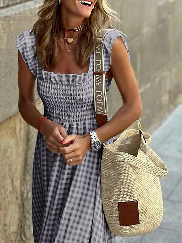 Elasticity Plaid Pleated Split-Joint Loose Sleeveless Square-Neck Maxi Dresses