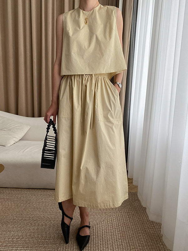 Solid Color Round-Neck Vest + High Waisted  Skirt Two Pieces Set