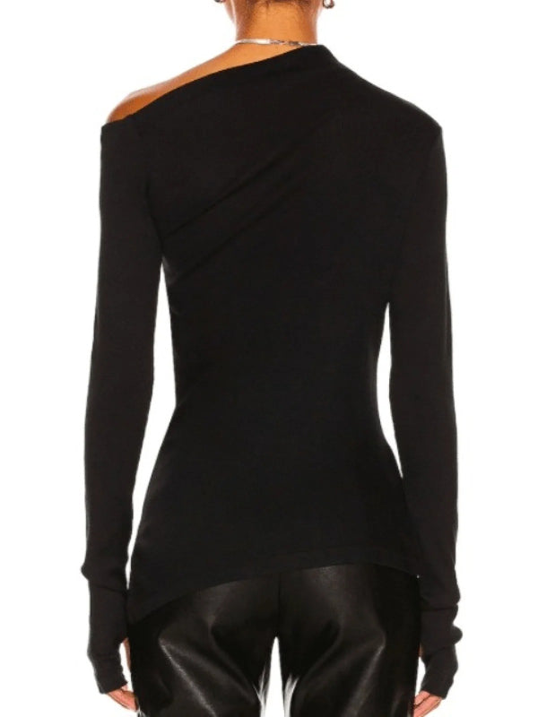 Stylish Solid Color One-Shoulder Long Sleeves T-Shirt Top