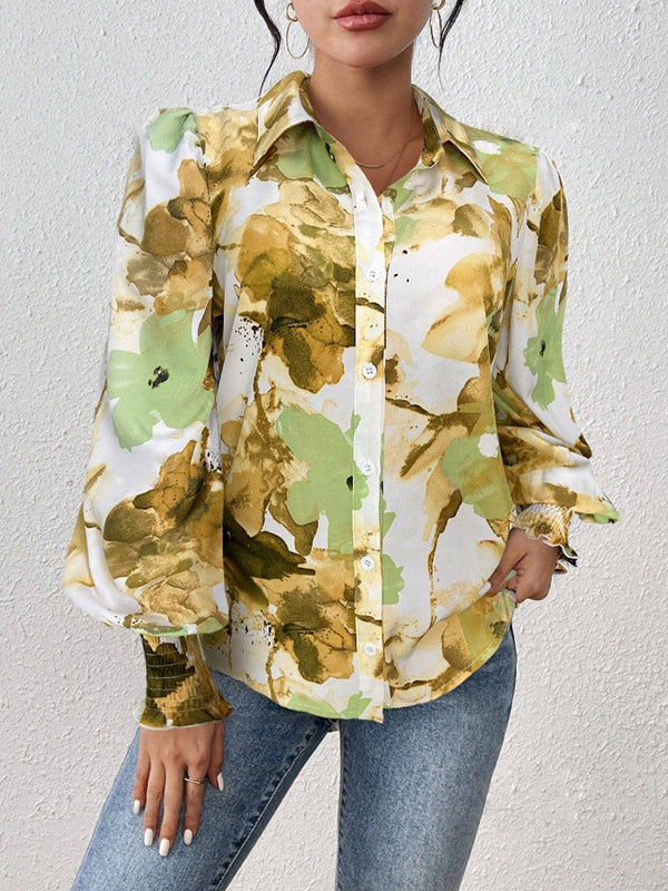 Buttoned Elasticity Flower Print Pleated Long Sleeves Loose Lapel Blouses&Shirts Tops