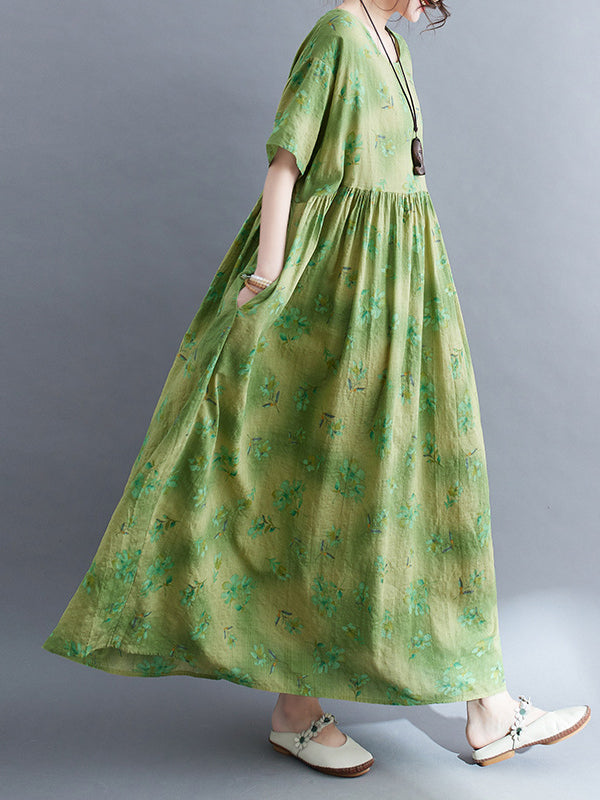 Floral Printed Loose Short Sleeves Round-Neck Midi Dresses