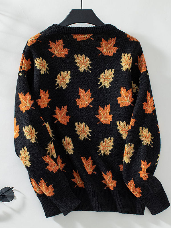 Contrast Color Jacquard Knitted Leaves Split-Joint Long Sleeves Loose Round-Neck Sweater Tops Pullovers