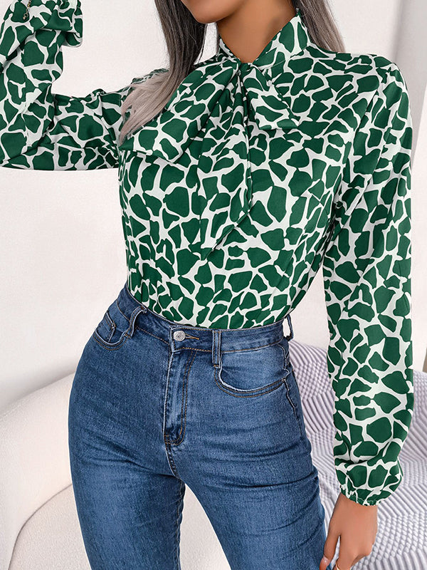 Bow-Embellished Elasticity Tied Bishop Sleeve Long Sleeves Mock Neck Blouses&Shirts Tops